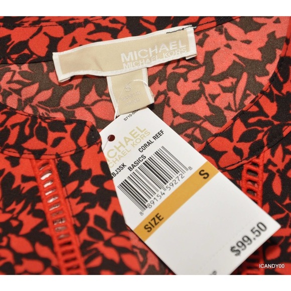 Michael Kors Split Neck Blouse Shirt Top Tunic Coral Reef Red/Black S Nwt $99 - Picture 10 of 10